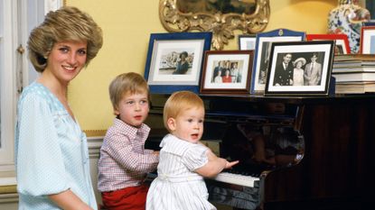 Diana, Princess of Wales with her sons, Prince William and Prince Harry, at the piano in Kensington Palace