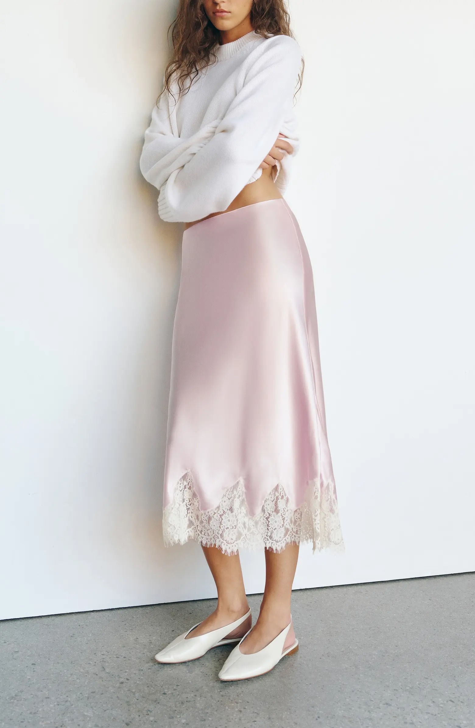 Reformation, Carolina Lace Trim Silk Midi Skirt