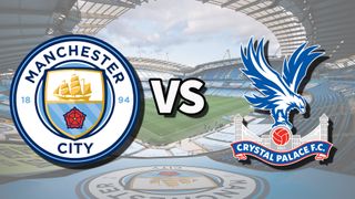 The Manchester City and Crystal Palace club badges on top of a photo of the Etihad Stadium in Manchester, England