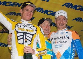 The final 2009 Tour of California podium is all smiles (l-r): Michael Rogers, 3rd; Levi Leipheimer, 1st; and David Zabriskie, 2nd.