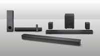 three soundbars positioned on a grey background. They are the Hisense AX5125H, Creative Stage Pro and the Sony HT-SF150.