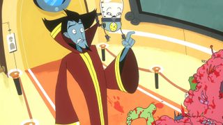 A guy and a robot watching an alien orgy with shocked expressions