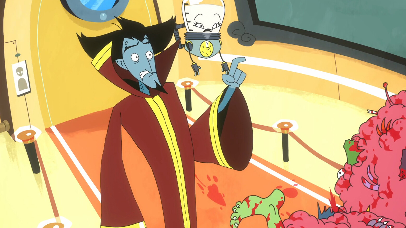 A guy and a robot watching an alien orgy with shocked expressions