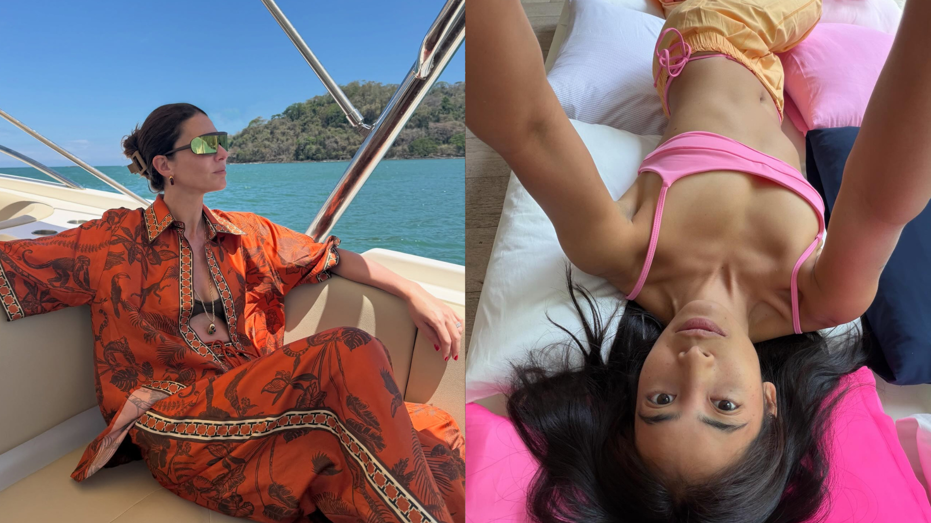 A collage of women wearing scoop-neck bikini tops.