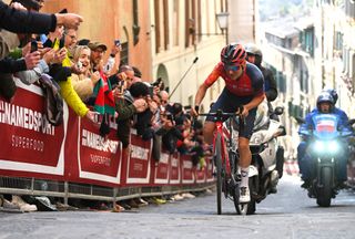 SIENA ITALY MARCH 04 Thomas Pidcock of The United Kingdom and Team INEOS Grenadiers competes in the breakaway to win the Eroica 17th Strade Bianche 2023 Mens Elite a 184km one day race from Siena to Siena 318m StradeBianche on March 04 2023 in Siena Italy Photo by Luc ClaessenGetty Images