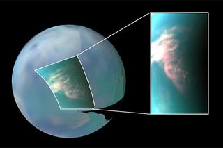 Titan has very active weather, as shown by this infrared image of clouds near the south pole. Image taken by the Cassini spacecraft.