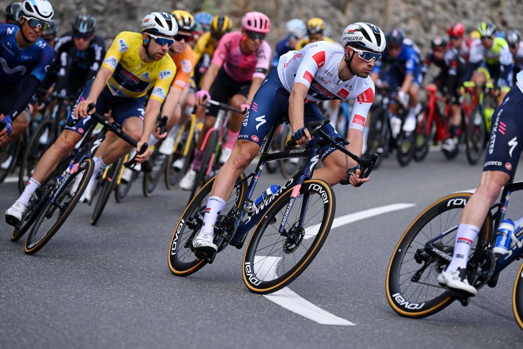 VALLE DE JOUX SWITZERLAND APRIL 26 Ethan Vernon of United Kingdom and Team Soudal QuickStep White best young jersey competes during the 76th Tour De Romandie 2023 Stage 1 a 1709km stage from Crissier to Valle de Joux 1019m UCIWT on April 26 2023 in Valle de Joux Switzerland Photo by Dario BelingheriGetty Images