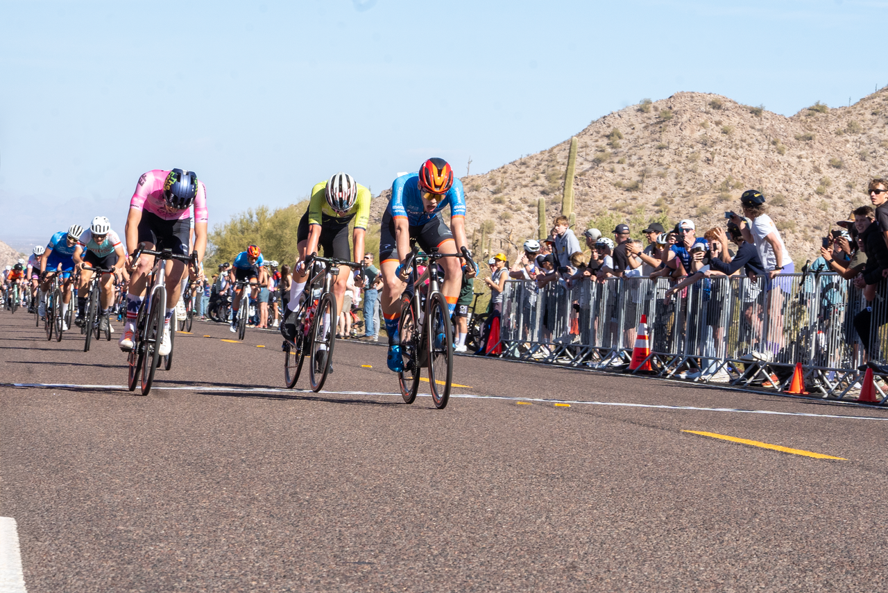 Enzo Edmonds wins the junior men's 17-18 stage 2 road race ahead of Enzo Hincapie