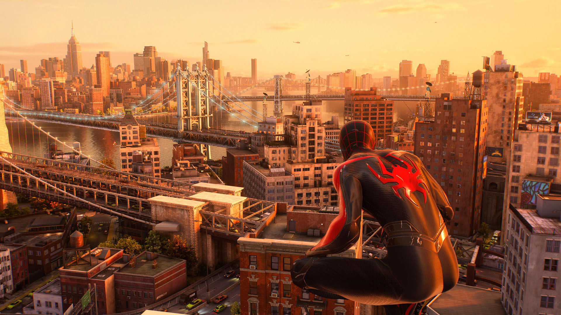 Miles Morales looks across New York City at sunset in Marvel&#039;s Spider-Man 2