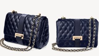 navy quilted bag, shown at two different angles, front on and side