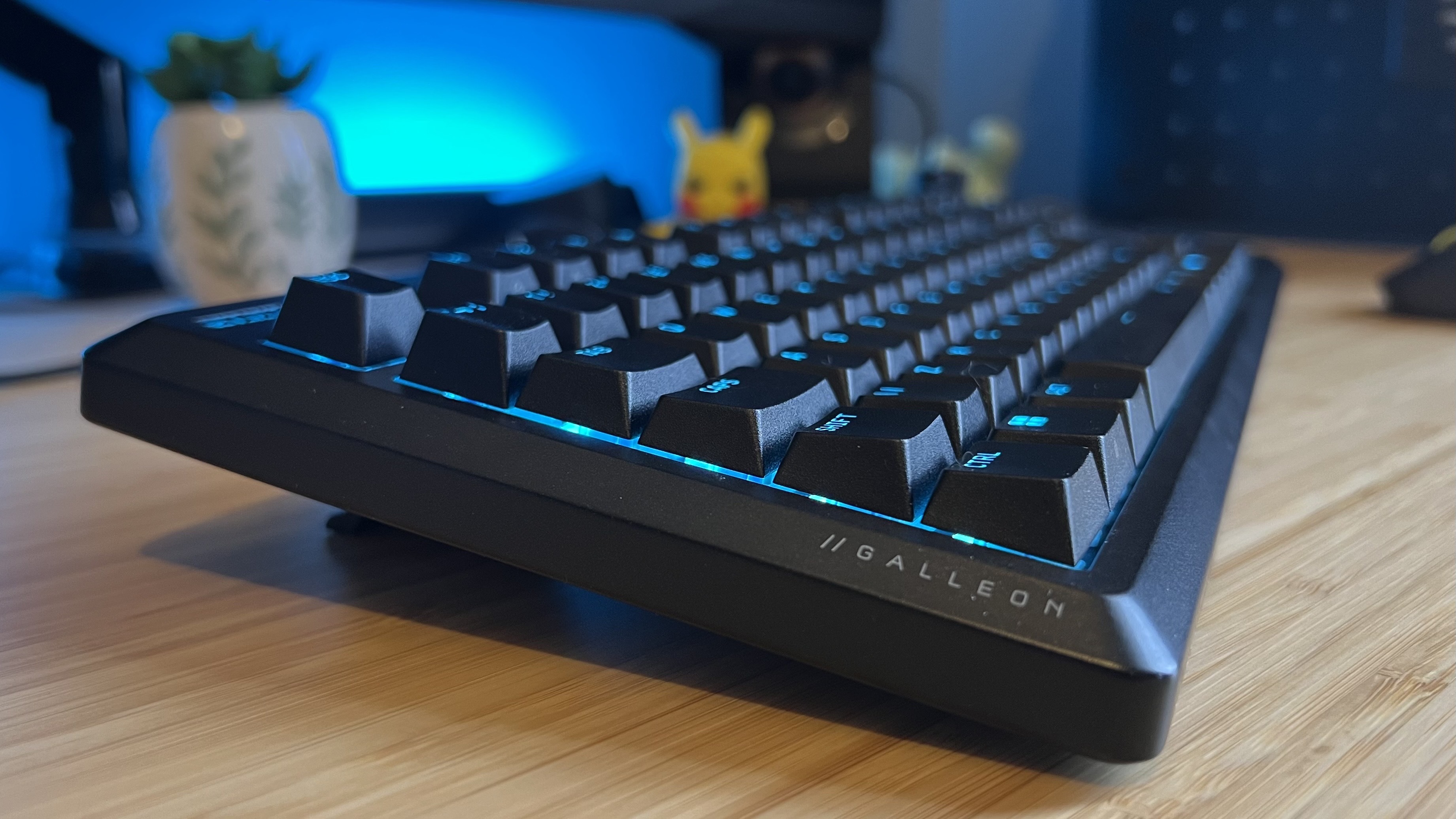 Side view of Corsair Galleon 100 SD gaming keyboard, showing elevation and logo text