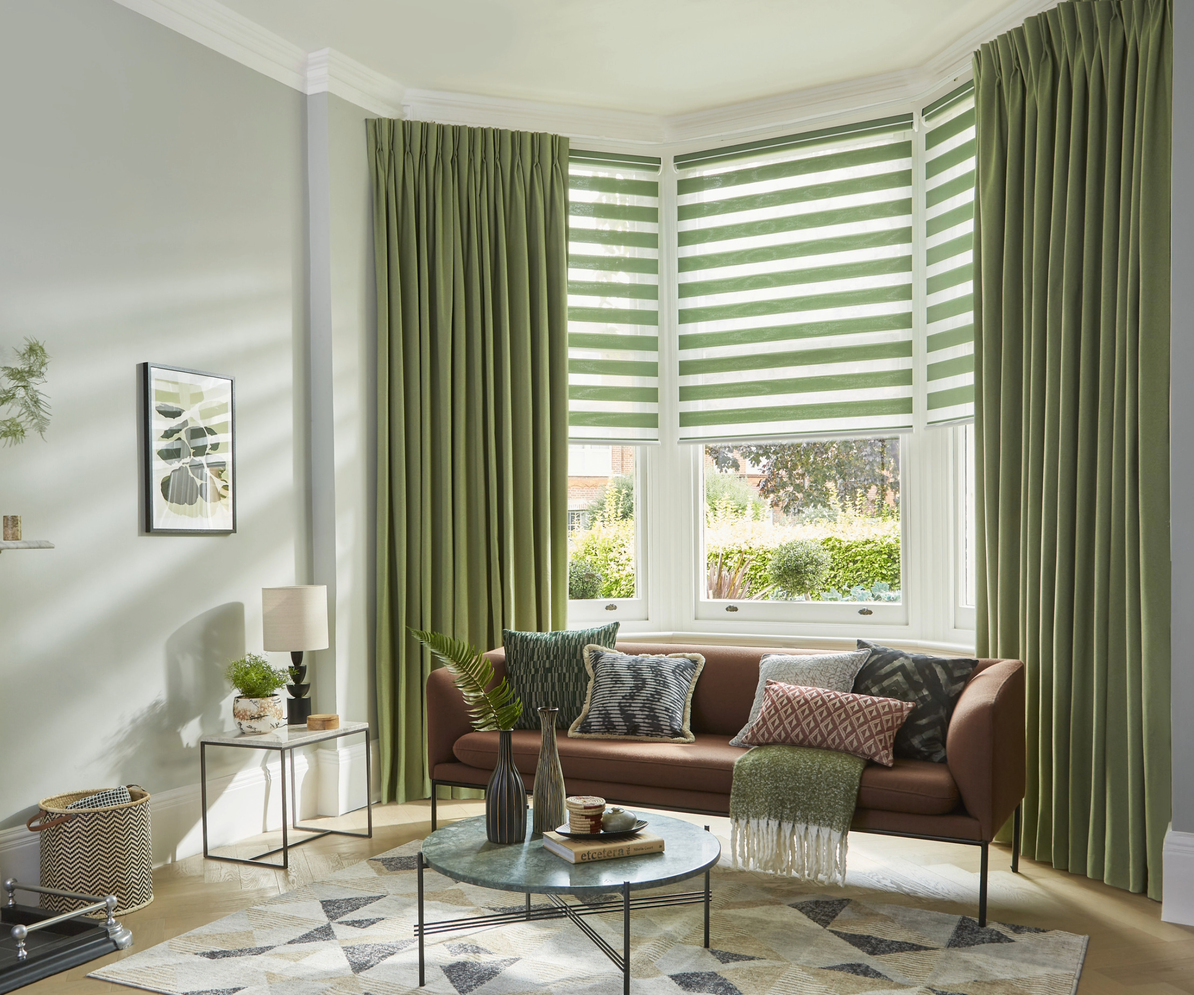 Living room with green striped blinds and green curtains