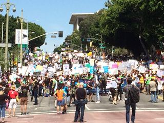 A crowd of science supporters marched through downtown Los Angeles on April 22, 2017 for the March for Science Los Angeles.