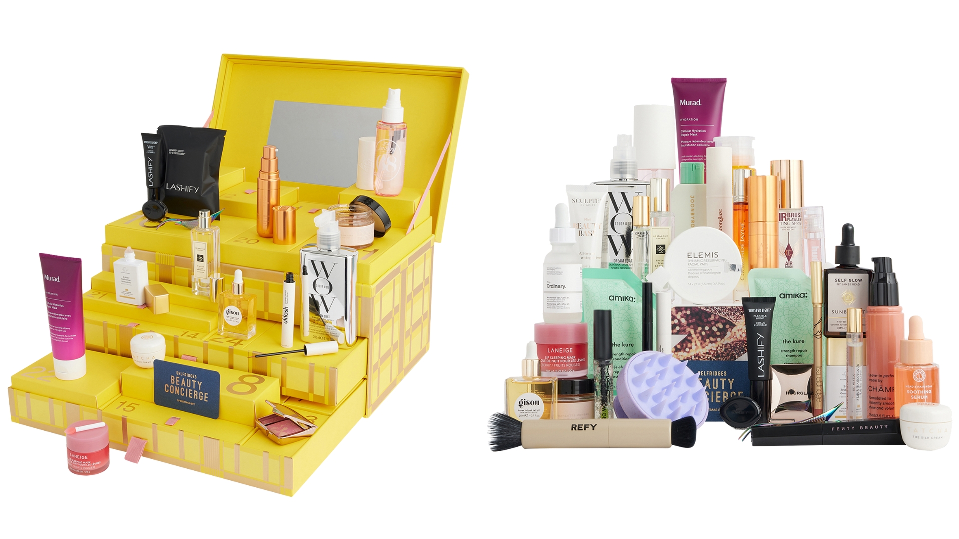 Collage of the yellow Selfridges Beauty Advent Calendar 2025 and the contents inside the calendar