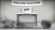 Illustration of a tumbleweed rolling past a ballot box