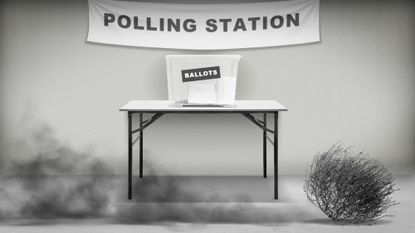 Illustration of a tumbleweed rolling past a ballot box