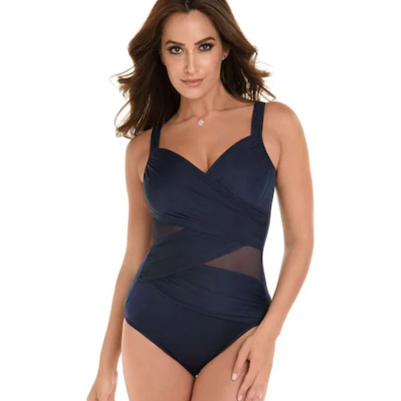 navy sheer panel wrap swimsuit