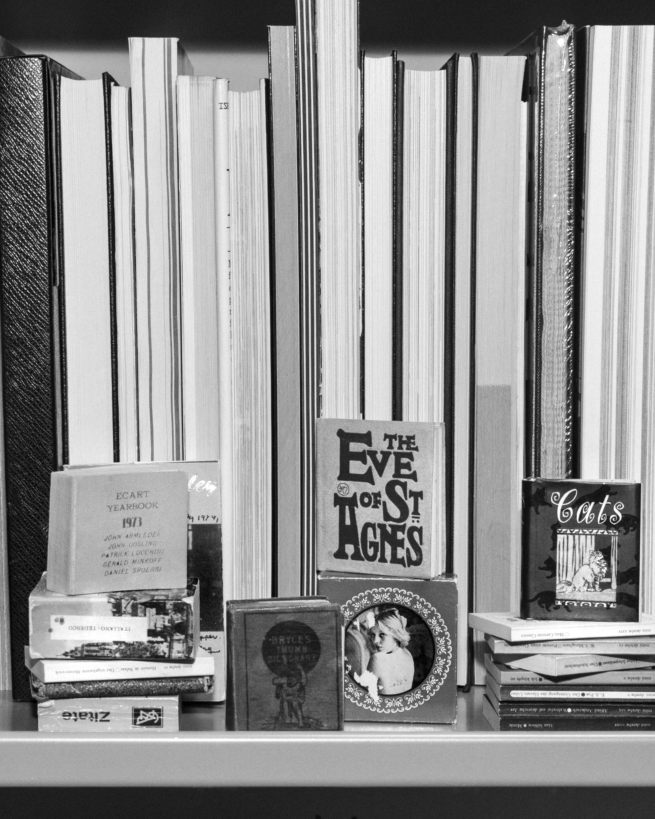 small books arranged across a shelf