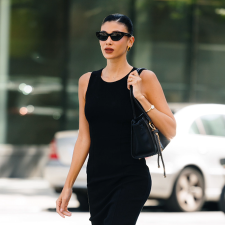 woman wearing a black dress in New York. 