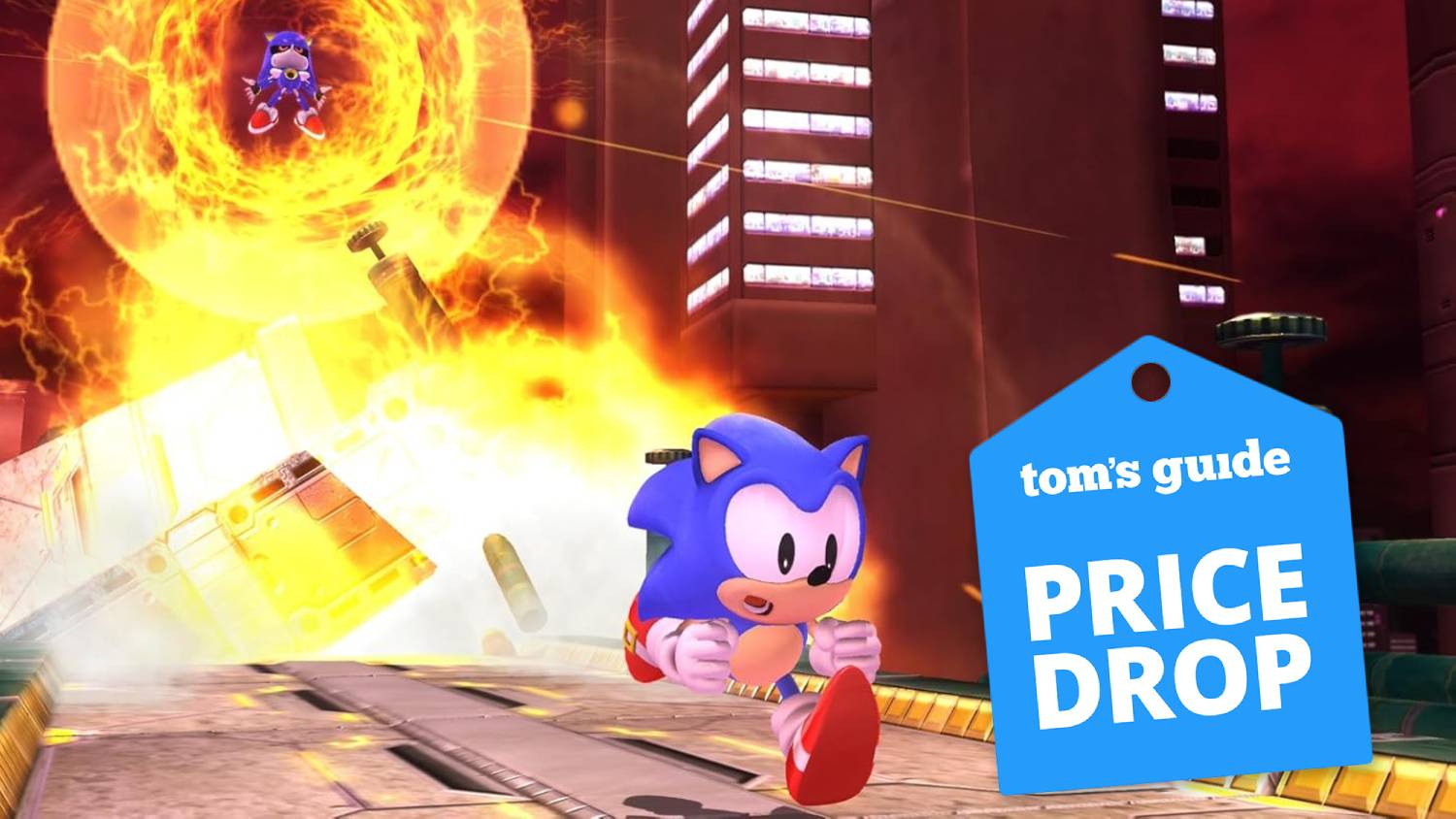 Sonic X Shadow Generations gameplay screenshot showing Sonic running from an explosion