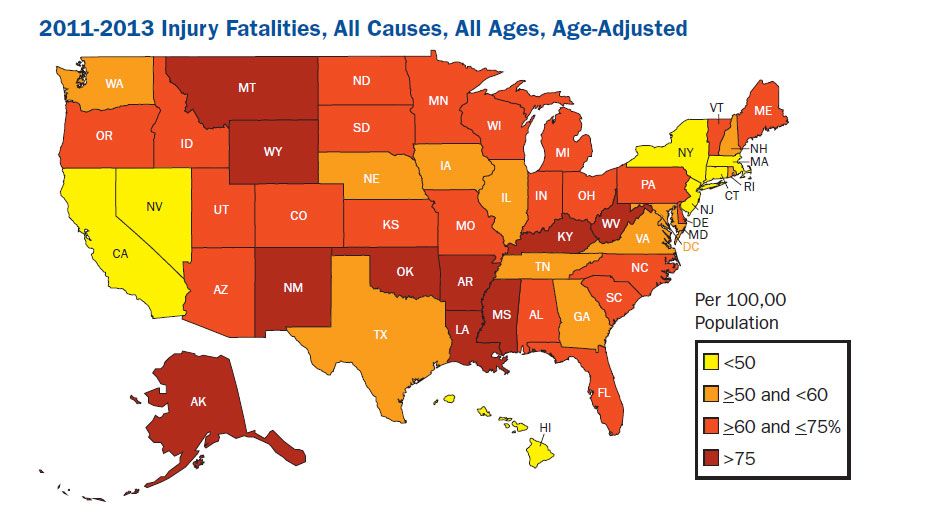 A map of injury death rates in the United States by state