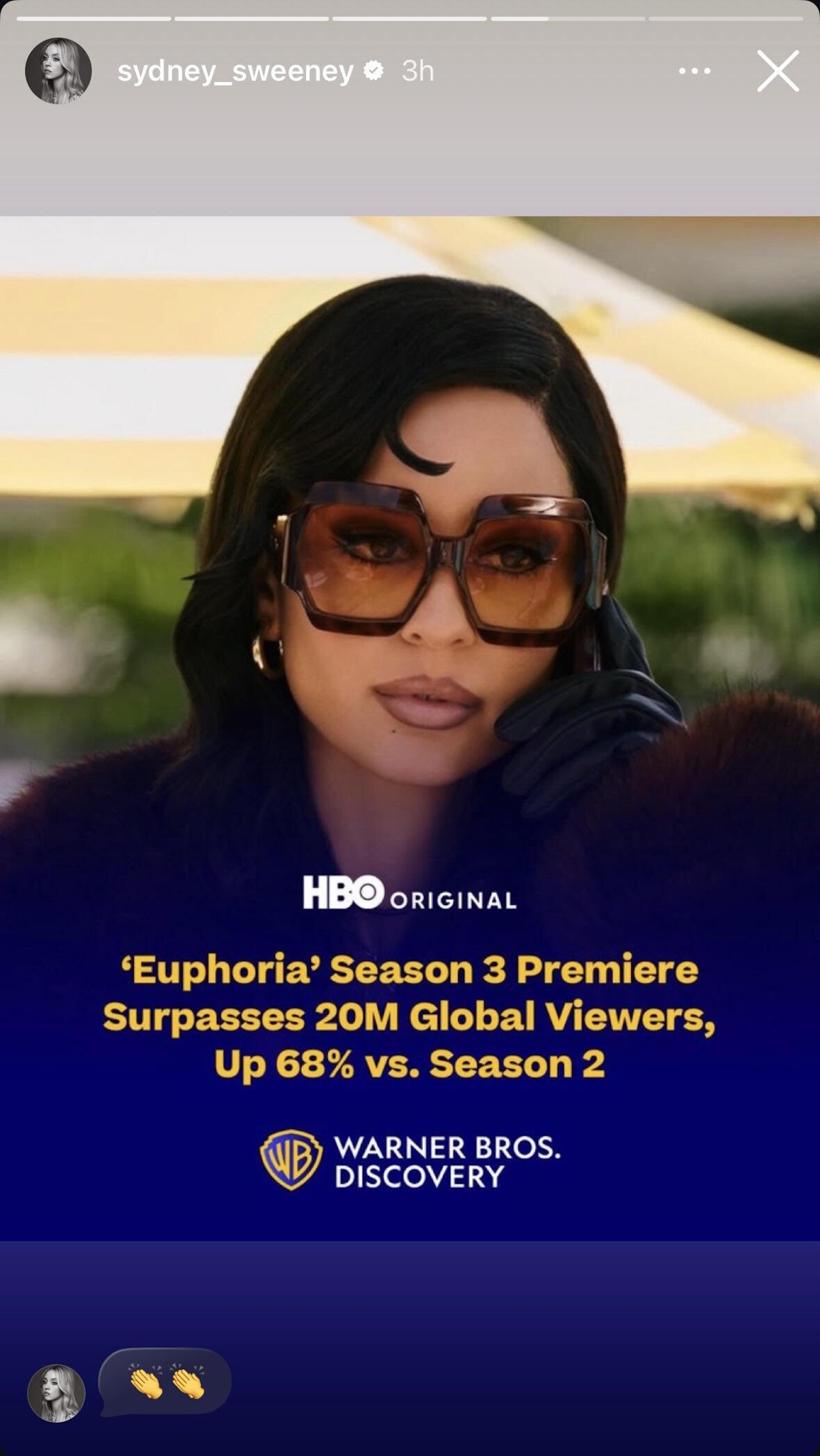 Sydney Sweeney shares a Warner Bros. Instagram post with viewership numbers from the Euphoria Season 3 premiere.