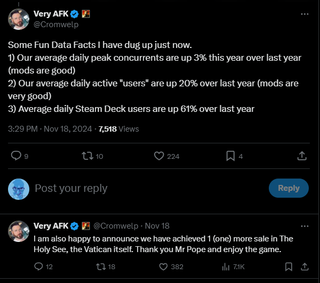 A post that reads: "Some Fun Data Facts I have dug up just now. 1) Our average daily peak concurrents are up 3% this year over last year (mods are good)2) Our average daily active "users" are up 20% over last year (mods are very good)3) Average daily Steam Deck users are up 61% over last year. I am also happy to announce we have achieved 1 (one) more sale in The Holy See, the Vatican itself. Thank you Mr Pope and enjoy the game."