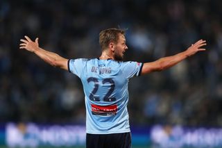 Siem de Jong celebrates after scoring for Sydney FC against Melbourne Victory in May 2019.