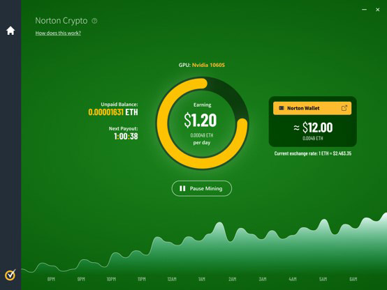 A screenshot of the Norton Crypto feature of Norton 360 antivirus software mining Ether tokens.