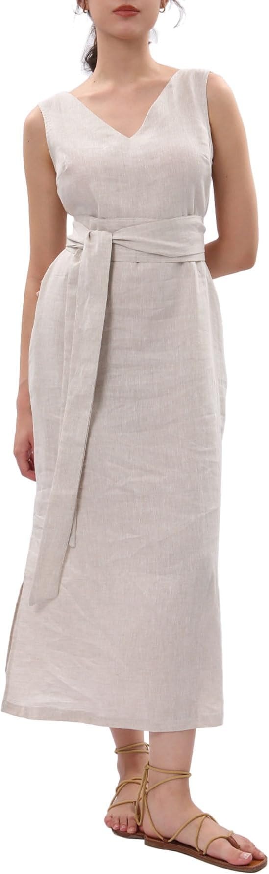 Amazhiyu, Amazhiyu Womens 100% Linen Summer Sleeveless V-Neck Midi Dresses With Pockets Flax, Medium