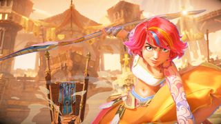 A character with pink hair wields a spear-like weapon in Horizon Hunters Gathering's reveal trailer.