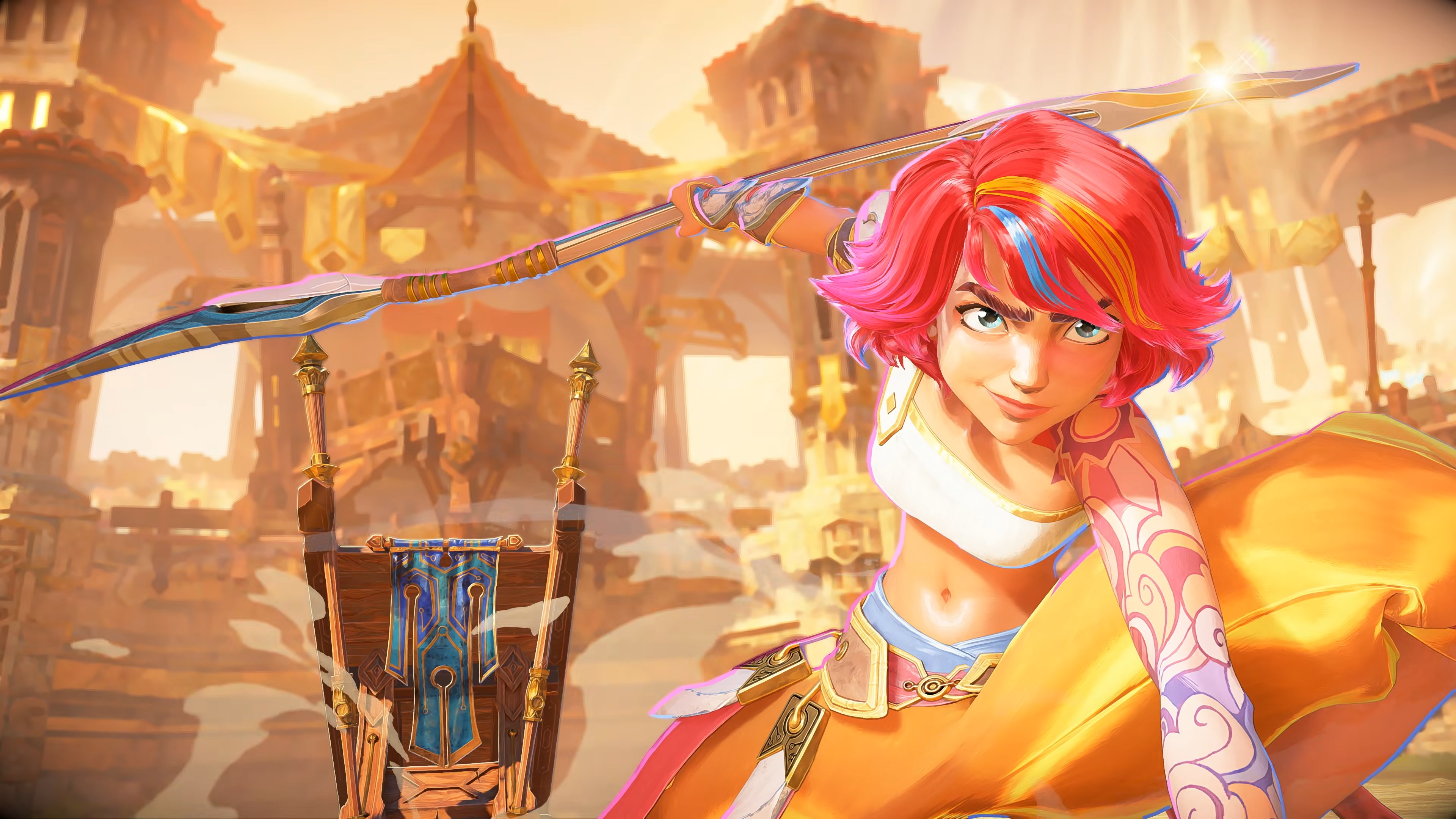 A character with pink hair wields a spear-like weapon in Horizon Hunters Gathering's reveal trailer.