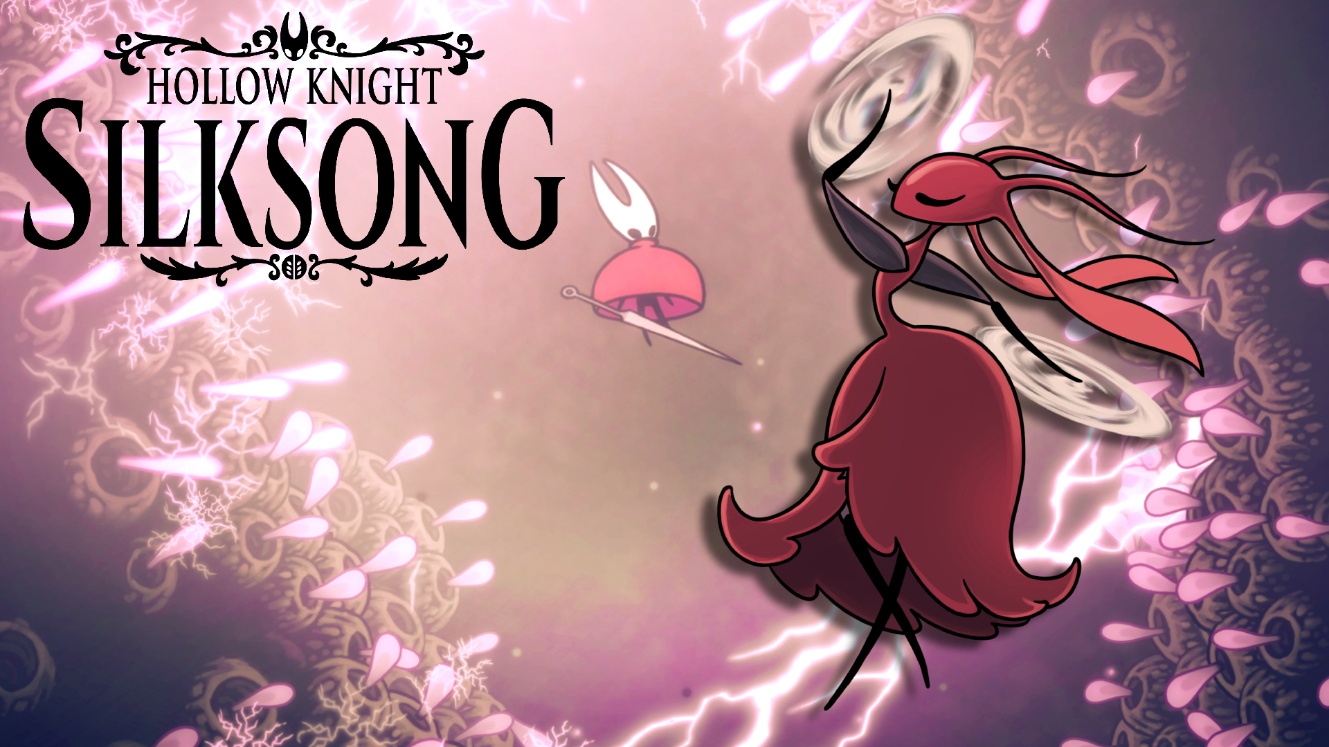 A red bug with a flowing dress design, against a pink-lit cave background