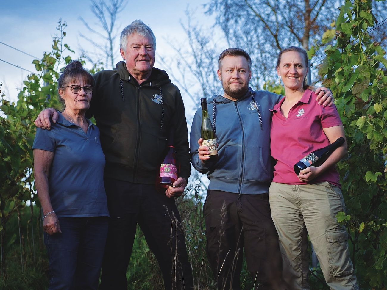 Guldbaek Vingård founders Lone Thrysøe and her husband Jan, with their winemaker son Kim and his wife Helle