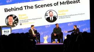 A stage at the Bild Expo featuring Ryan Elwell and Joshua Kulic as they discuss behind the scenes of MrBeast