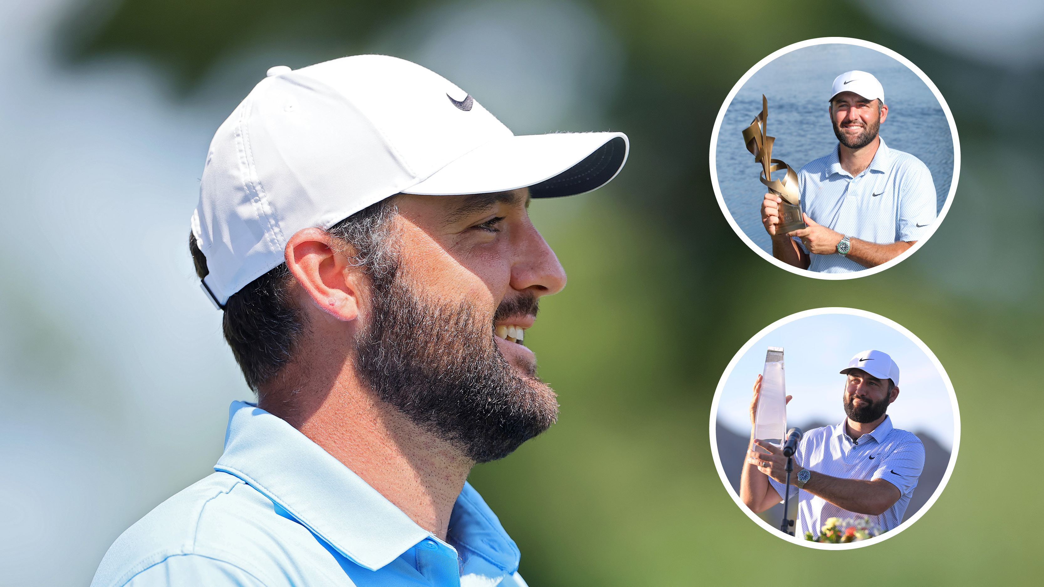 Main image of Scottie Scheffler side on headshot and two inset images of Scheffler posing with trophies in 2026