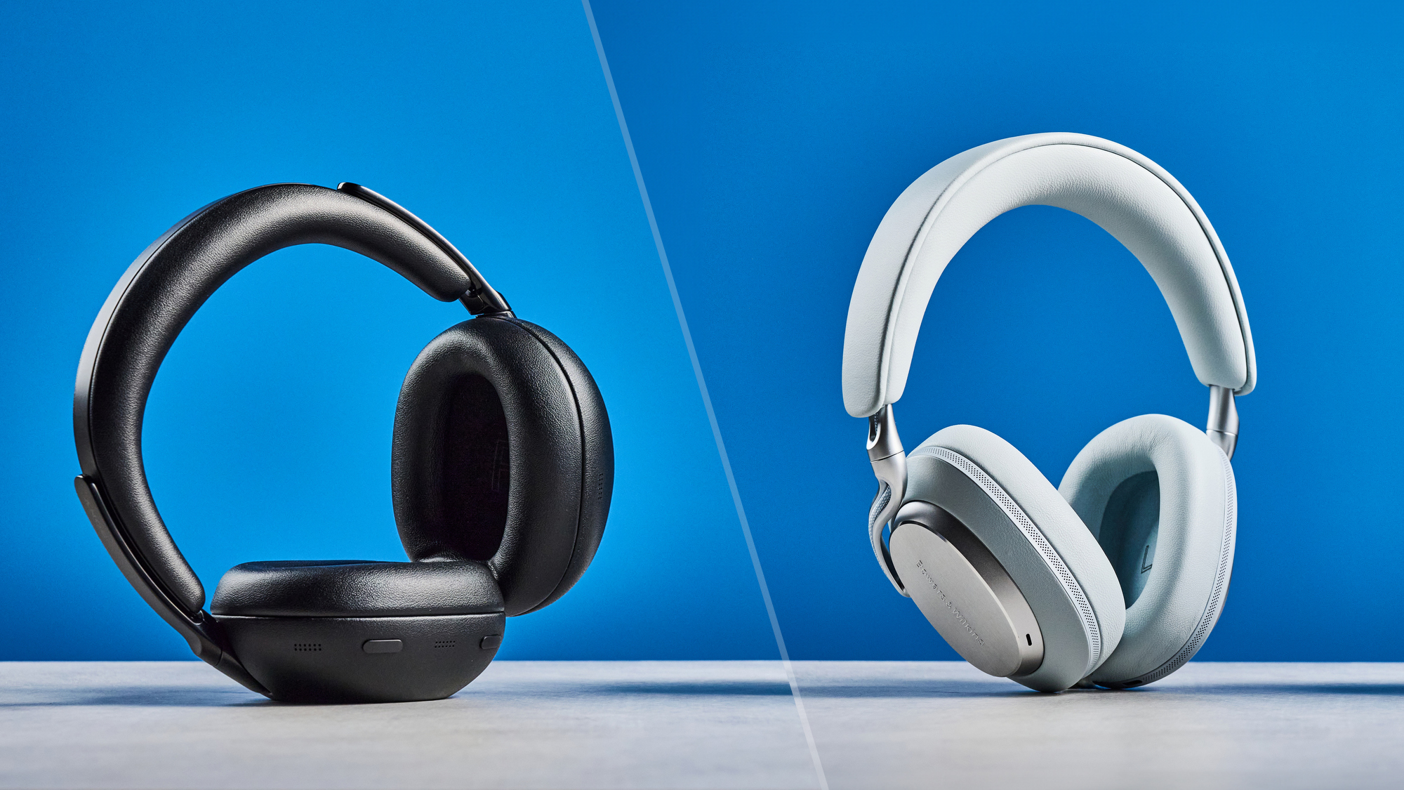 A split image showing the Sony 1000X The Collexion on the left and the Bowers &amp; Wilkins Px8 S2 on the right