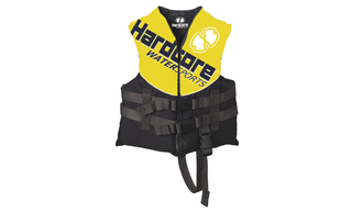 A black and yellow life jacket that reads "hardcore watersports".