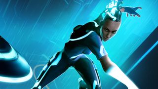 Exo throws an identity disc in the key art for Tron: Catalyst.