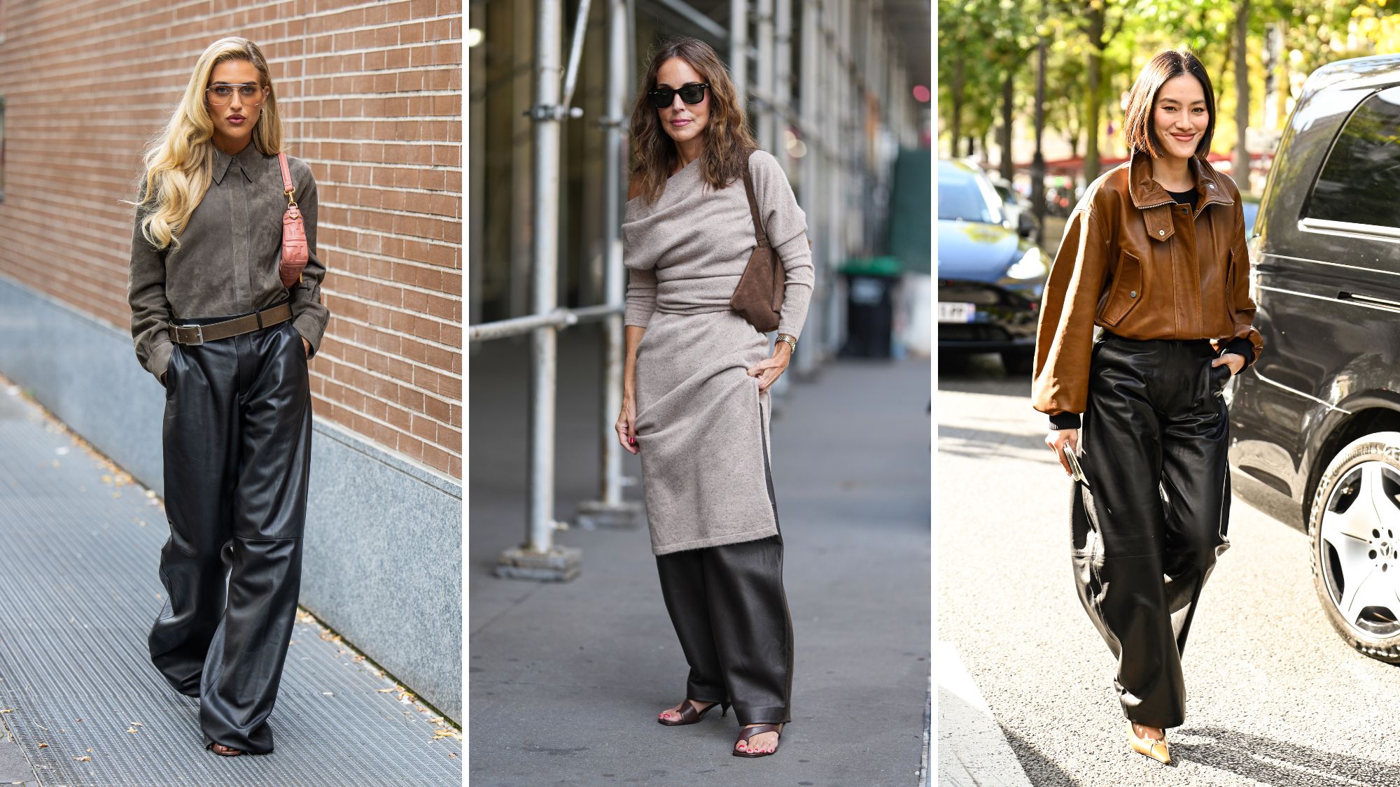 three women wear black leather trousers during fashion week