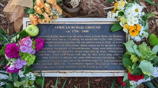 A temporary plaque marking the location where the Anson Street Ancestors were found near Charleston, South Carolina.