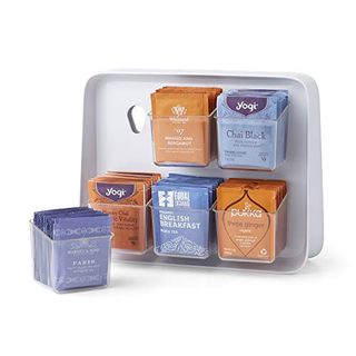 Lilac Youcopia tea stand Tea Bag Organizer With Clear Removable Bins and assorted tea bags