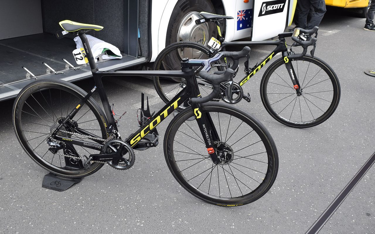 Jack Haig (12) was racing on the new bike, while Adam Yates (11) was on the current version of the bike
