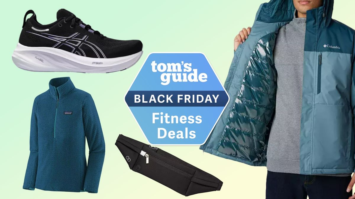 a mix of fitness apparel including a jacket, running belt, running shoe and fleece from the Dick&#039;s sale on a green background