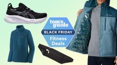 a mix of fitness apparel including a jacket, running belt, running shoe and fleece from the Dick's sale on a green background