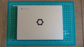 Framework Laptop Chromebook Edition on a desk, lid facing up