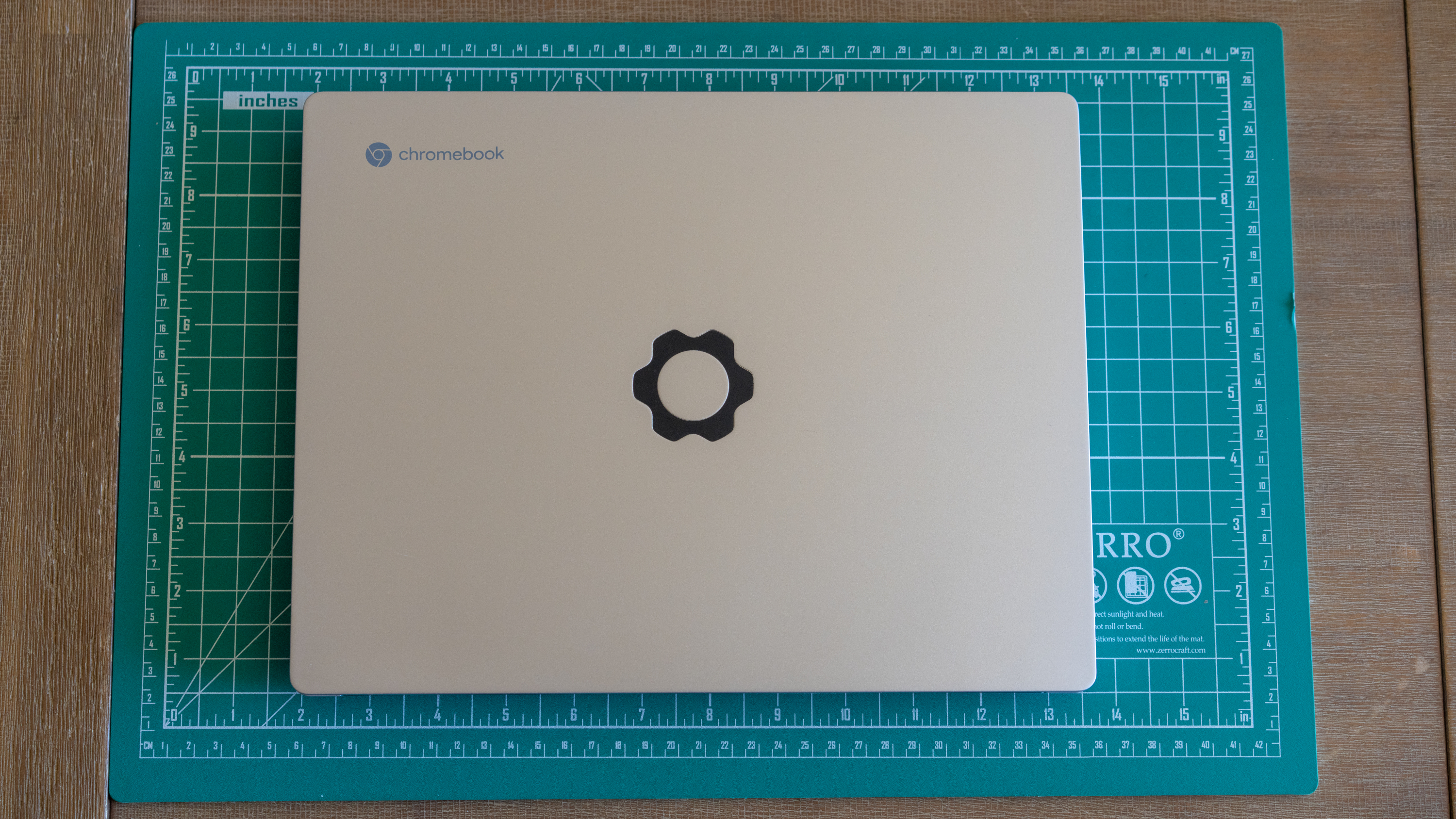 Framework Laptop Chromebook Edition on a desk, lid facing up