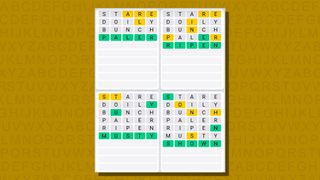 Quordle daily sequence answers for game 797 on a yellow background