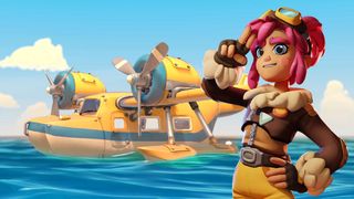 Lou's Lagoon; a colourful scene of a water plane and female captain saluting