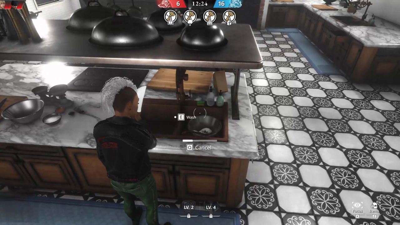 A screenshot from Killer Inn depicting a character washing themselves in the kitchen sink.